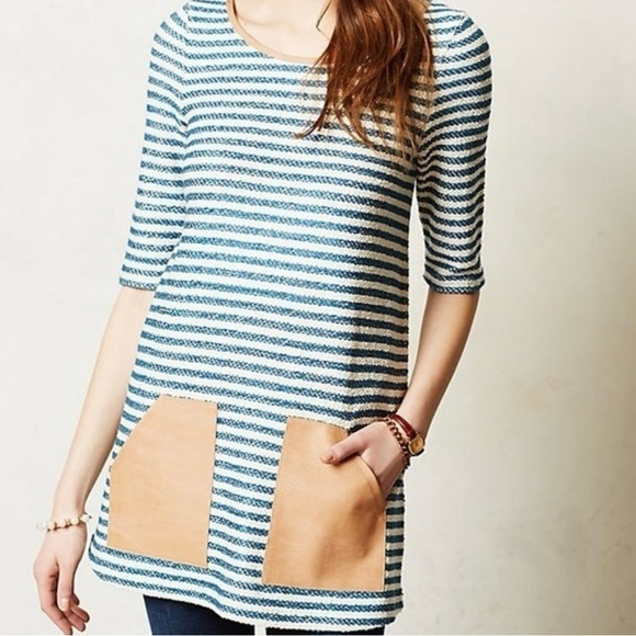 ANTHROPOLOGIE Postmark Sapony Striped Tunic Blue White Faux Leather Size XS - Picture 2 of 12